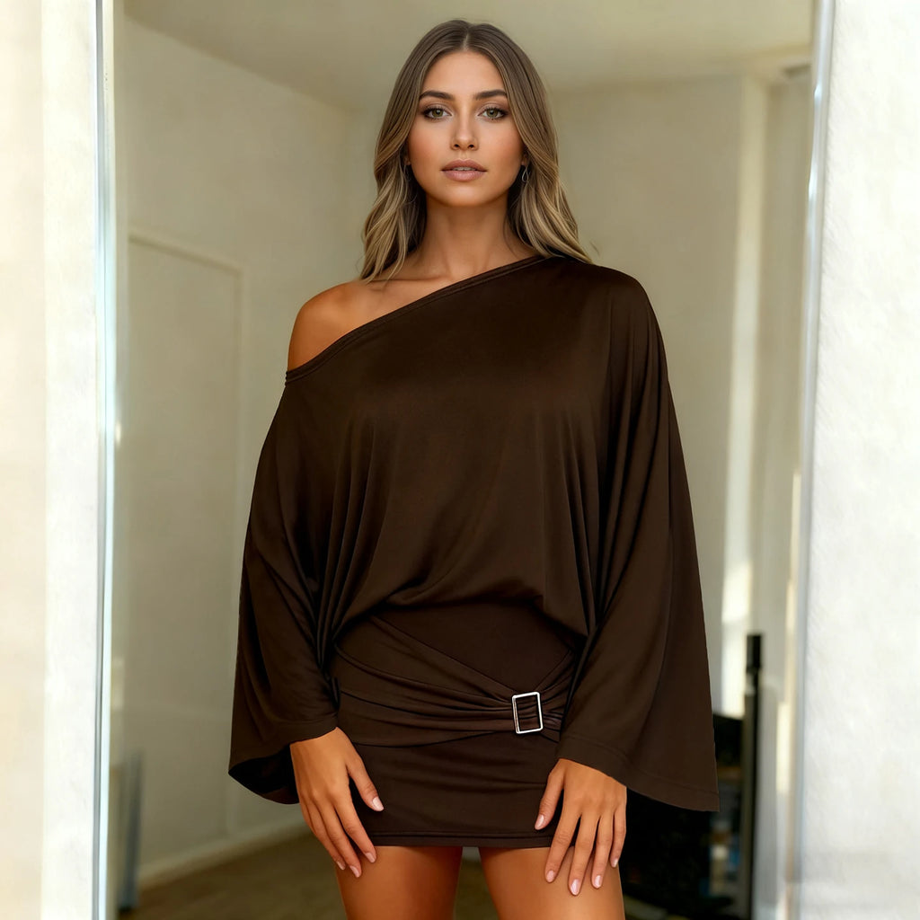 Classical Off Shoulder Loose Flared Sleeve Dress Ruched Bodycon Sexy Temperament Short Dress