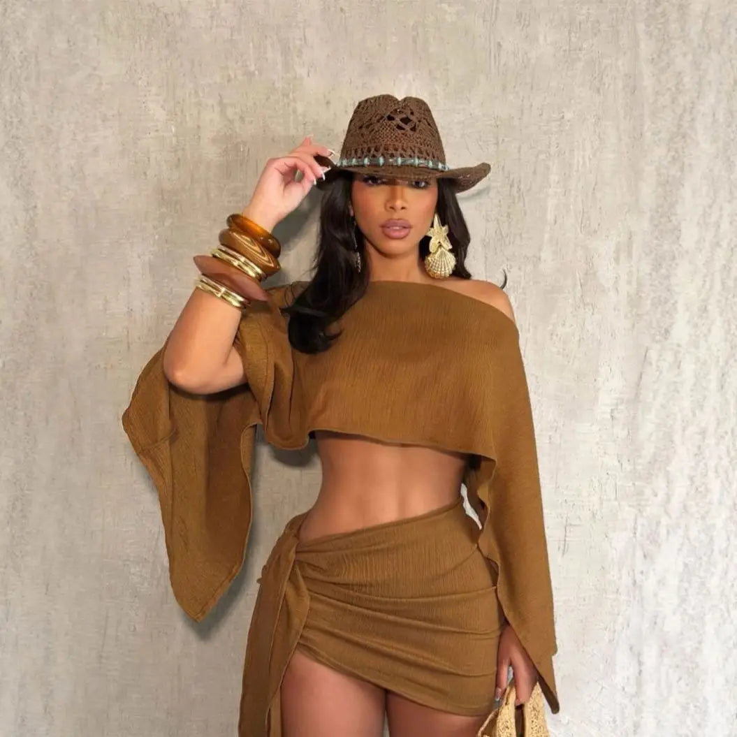 Women's Summer Seaside Vacation Style Breathable One-shoulder Cold Shoulder Top Strap Sheath Skirt Outfit