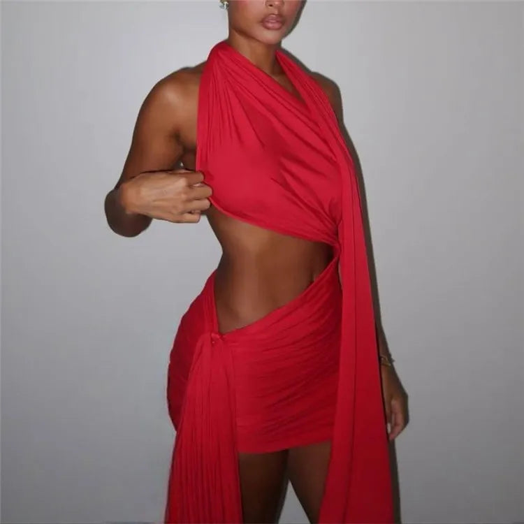 Sexy Hollow Dress Women Elegant Backless Lace up Ruched Ribbon Party Stretch Skinny Waistless Bodycon Dress