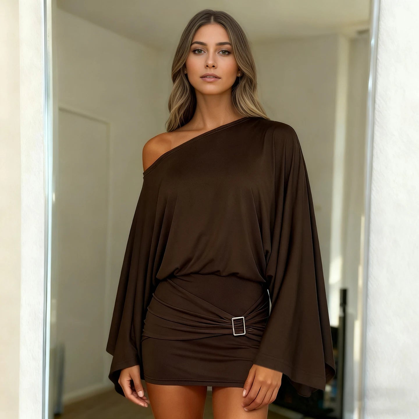 Classical Off Shoulder Loose Flared Sleeve Dress Ruched Bodycon Sexy Temperament Short Dress