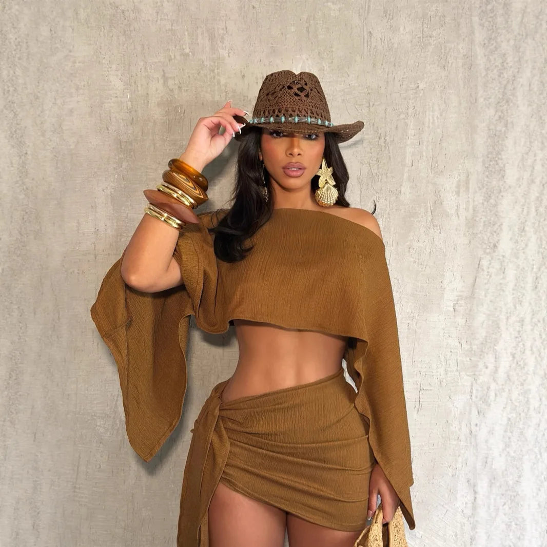 S7400-fashion Womens Clothing Vacation Outfit Off-Shoulder Ladies Skirt and Top Set
