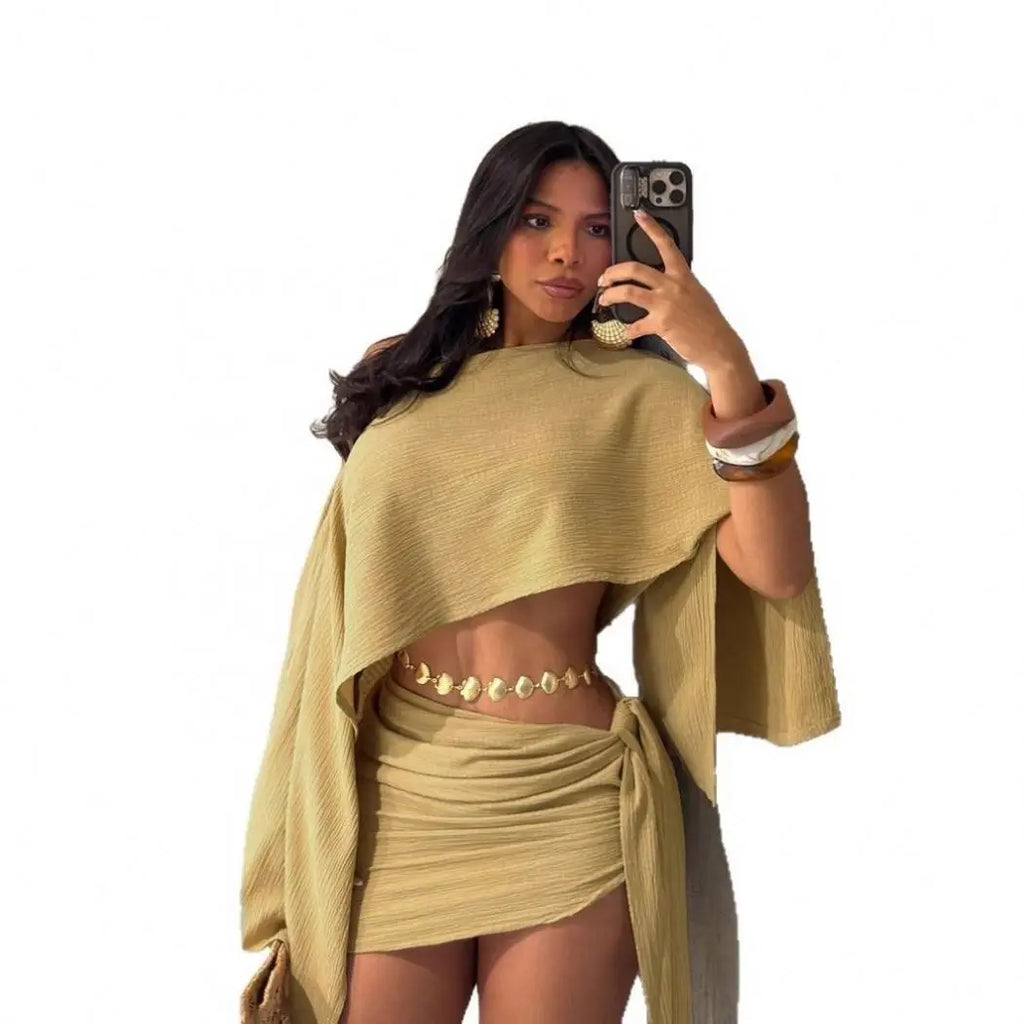 Women's Summer Seaside Vacation Style Breathable One-shoulder Cold Shoulder Top Strap Sheath Skirt Outfit