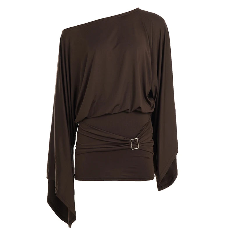 Classical Off Shoulder Loose Flared Sleeve Dress Ruched Bodycon Sexy Temperament Short Dress