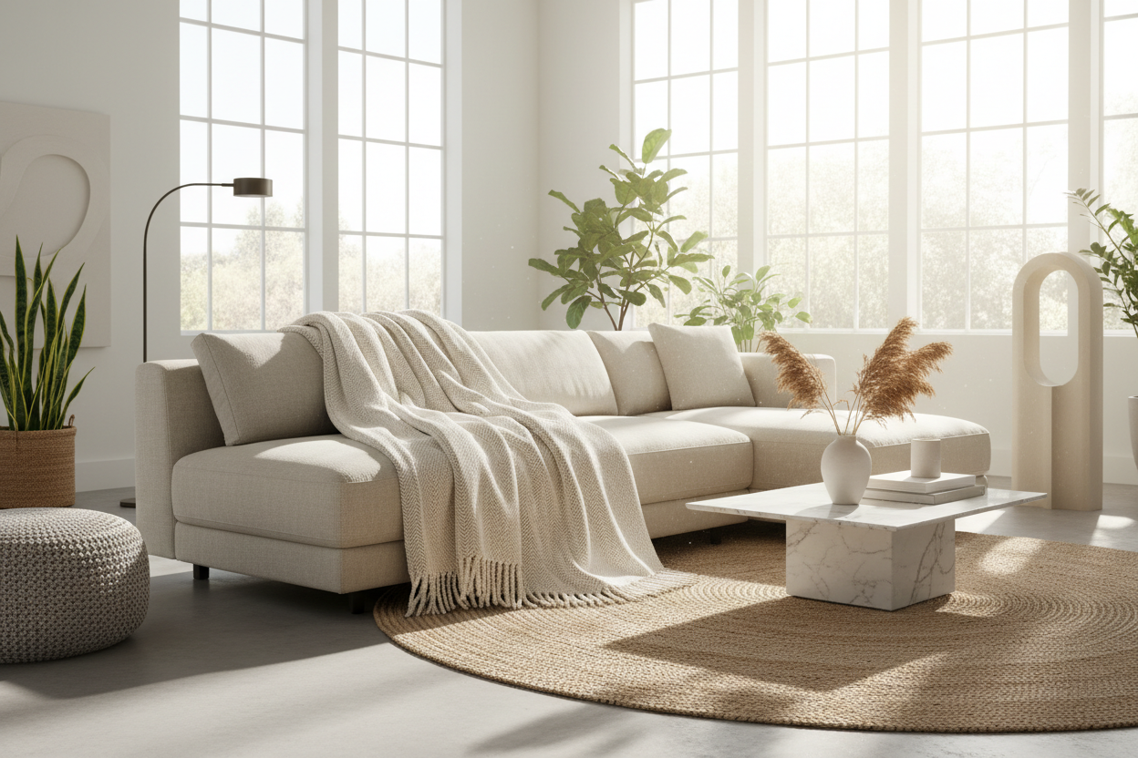 CalmFive Cozy Throw Blanket draped over a modern beige sofa in an elegant living room
